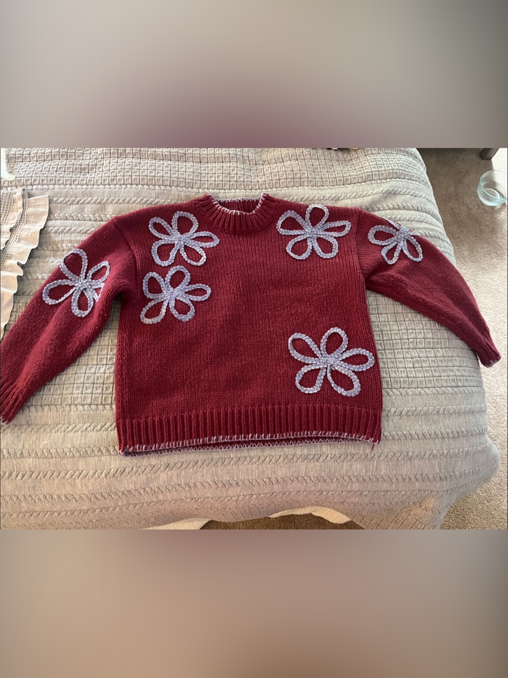 Vici Burgundy Crewneck Sweater with Light Gray Floral Appliqués